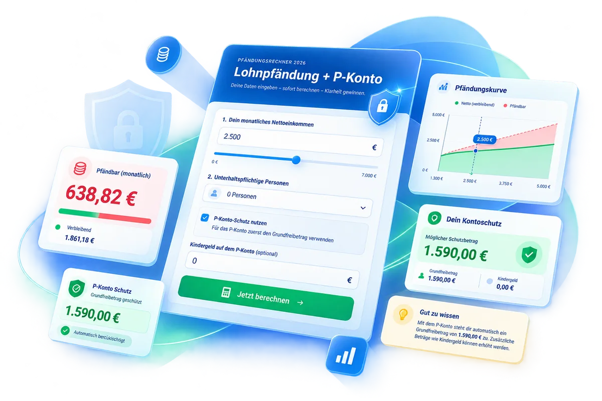 Illustration des 2-in-1-Pfändungsrechners mit Lohnpfändung, P-Konto und Pfändungskurve
