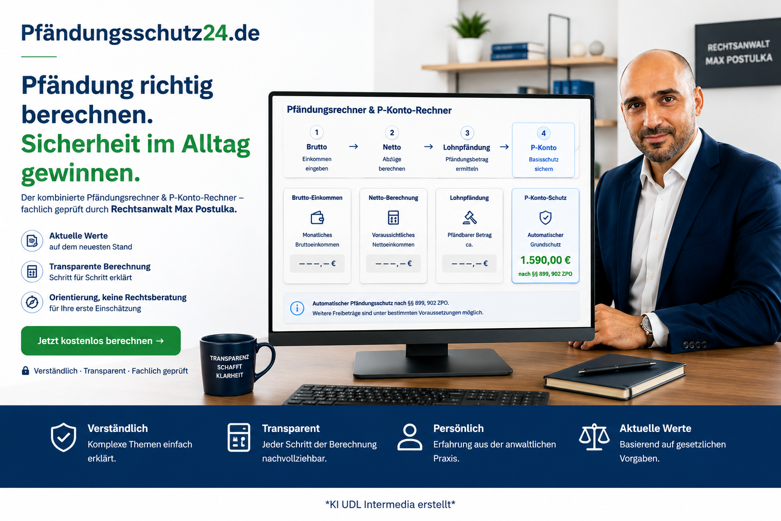 Pfändungsrechner 4in1 2026 / 2027 mit Brutto-Netto, Lohnpfändung, Doppelpfändung, P-Konto und fachlich geprüfter Berechnungslogik